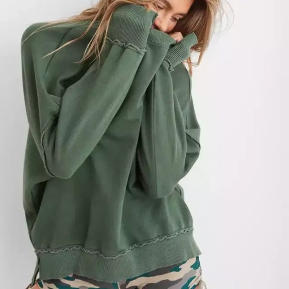aerie Tops - aerie The Happiest Dark Green Oversized Sweatshirt Raw Edge Distressed Seams XXL